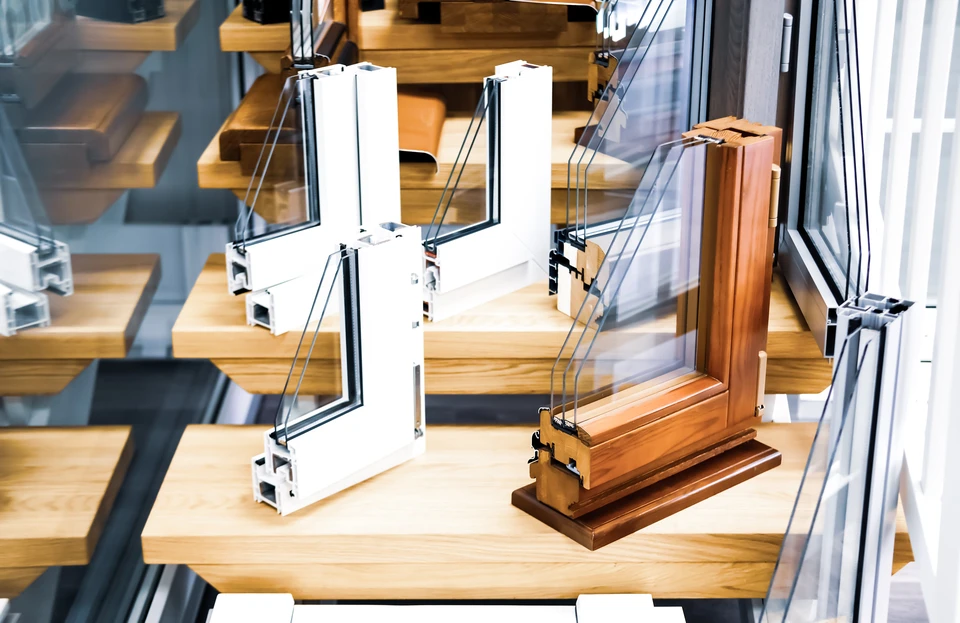 Samples of modern plastic, wooden and aluminum window profiles