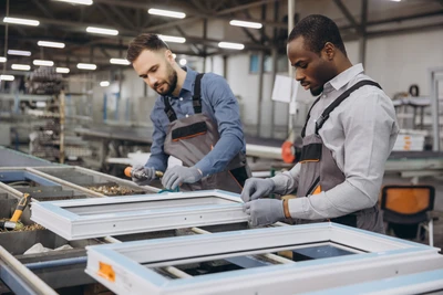 Ouvrier en uniforme bleu installant une fenêtre sur chantier résidentiel extérieur