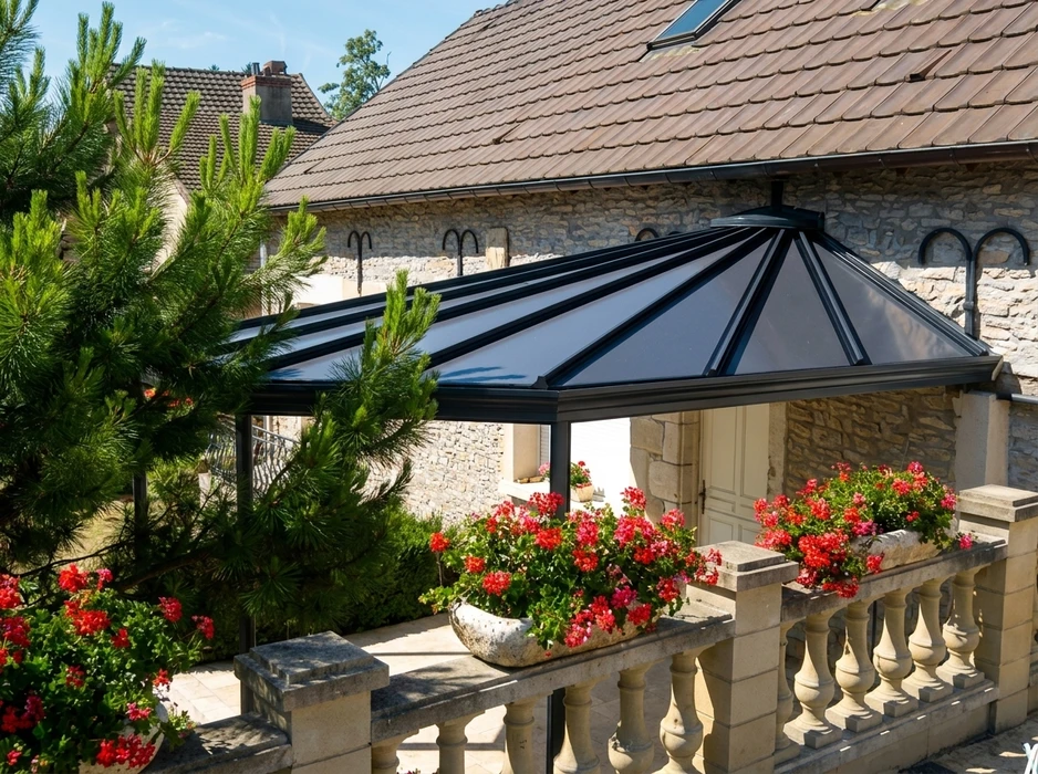 Véranda moderne en aluminium rouge avec grandes baies vitrées coulissantes, toiture transparente et terrasse carrelée