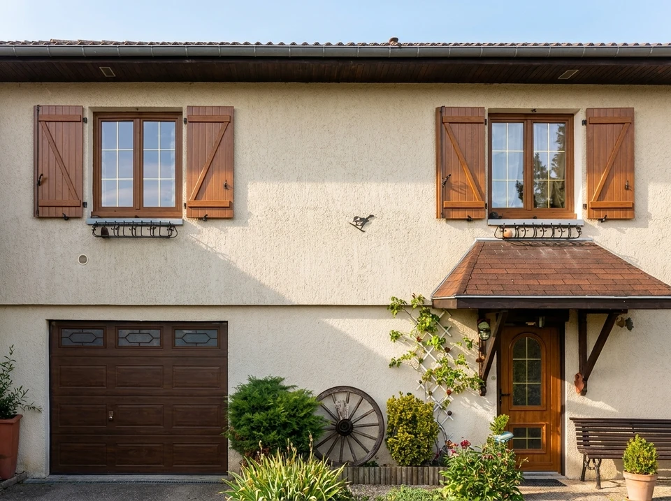 Entrée moderne d'une maison avec porte noire contemporaine équipée d'une fenêtre rectangulaire et poignée verticale en métal