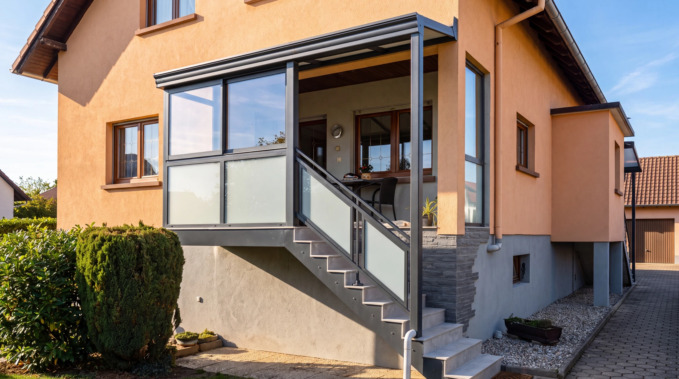 Escalier extérieur moderne avec rampe métallique à barreaux horizontaux menant à un balcon d'étage