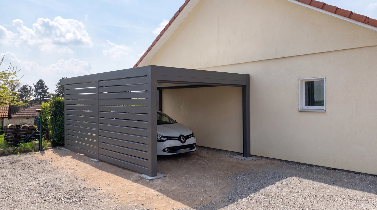 Entrée extérieure de maison moderne avec porte d'entrée contemporaine noire à panneau vitré supérieur et poignée métallique dorée